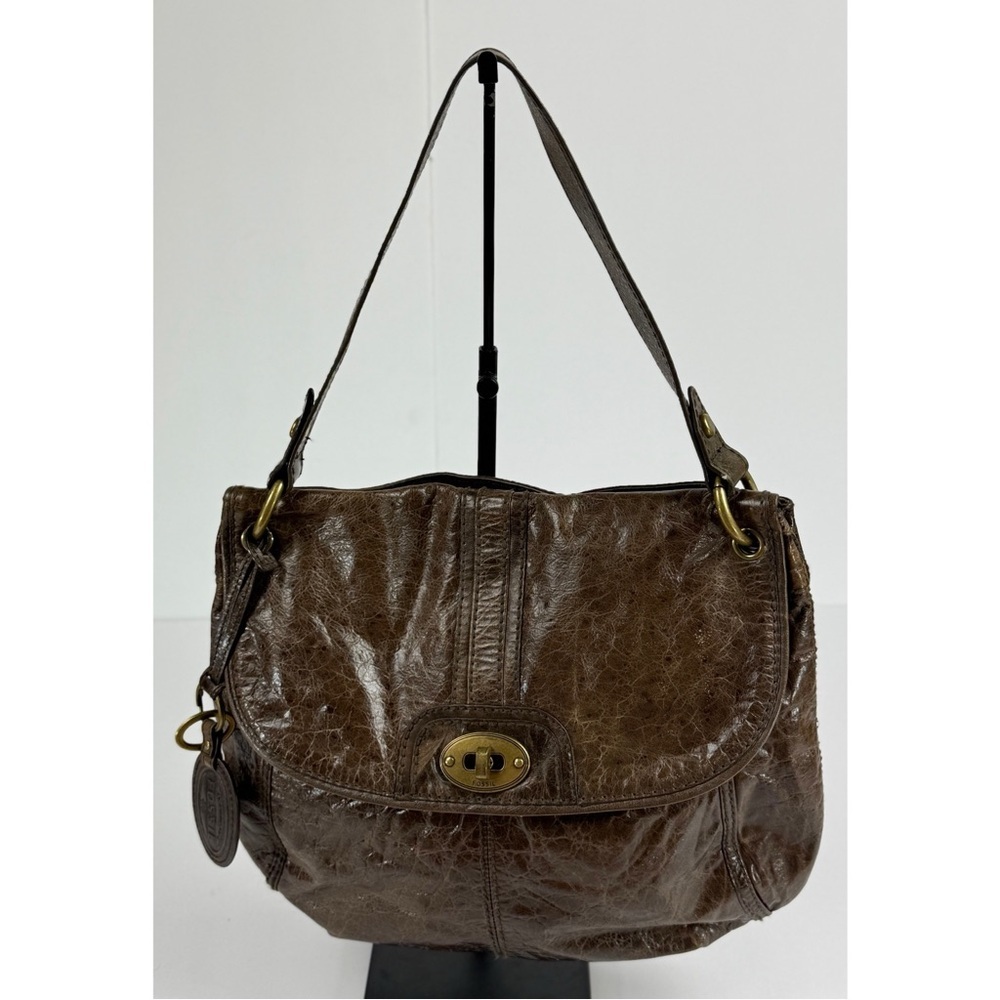 FOSSIL Leather Hobo Shoulder Bag Brown Leather Flap Turnlock